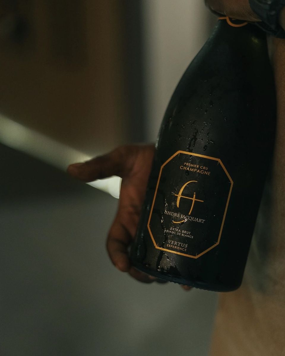 A bottle of André Jacquart Premier Cru Champagne, Extra Brut Blanc de Blancs, at Ode to Gillian