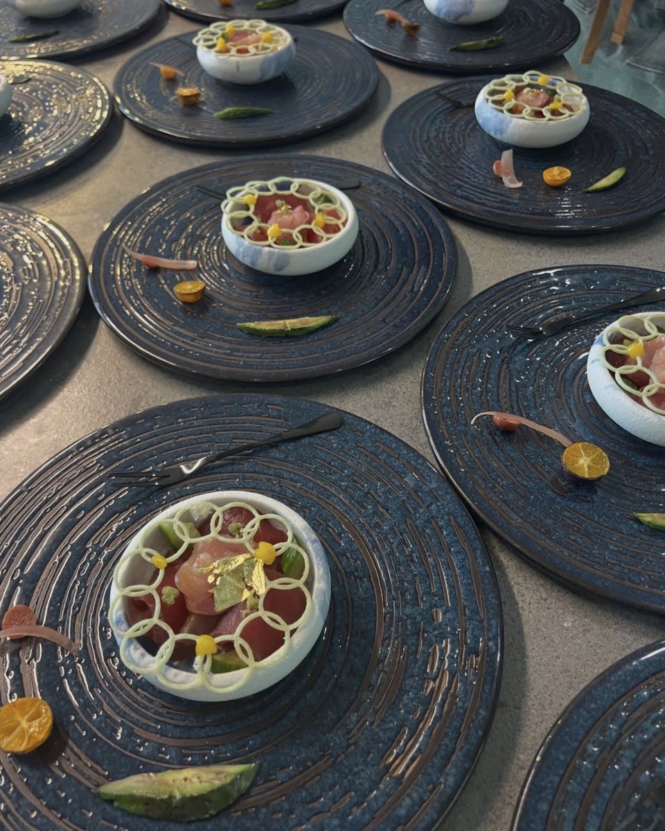 A tartare course in lattice porcelain bowls, finished with gold leaf, plated for the table at Ode to Gillian