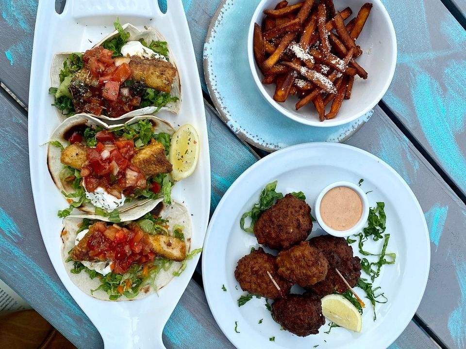 Fish tacos, conch fritters and sweet potato fries at Omar's Beach Hut