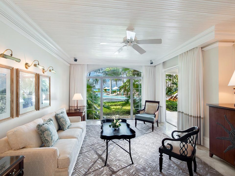 A garden suite living room opening onto the gardens