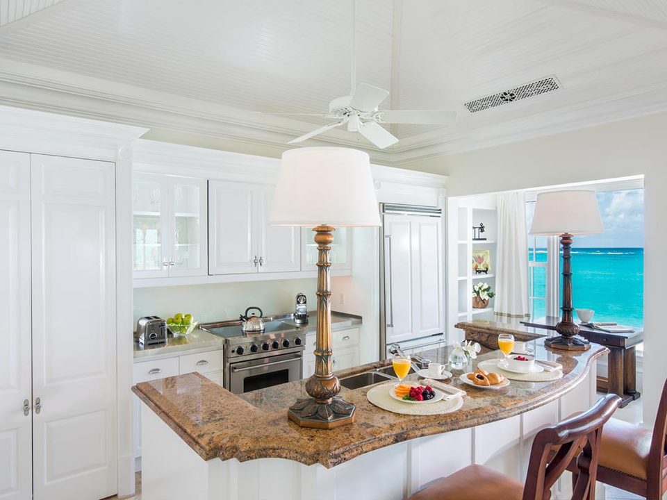A suite kitchen with an ocean view
