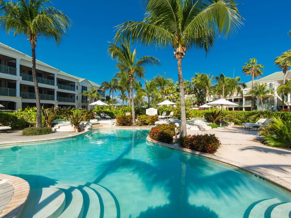 A free-form pool under the palms beside the suite buildings