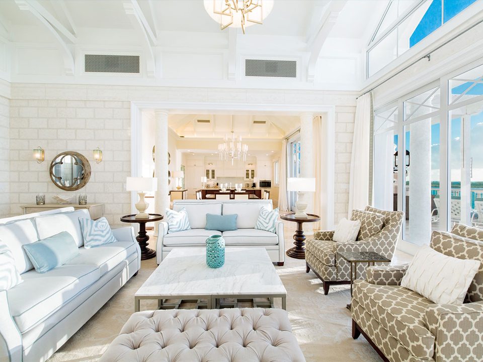 A suite living room with a vaulted ceiling
