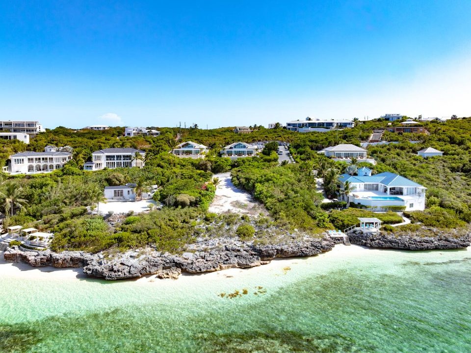 The villas on the green hillside above the rocky shore and beach, seen from the air